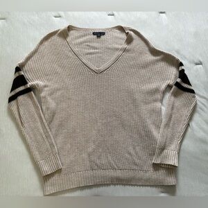 American Eagle Outfitters Beige V-Neck Sweater with Black Sleeve Stripes